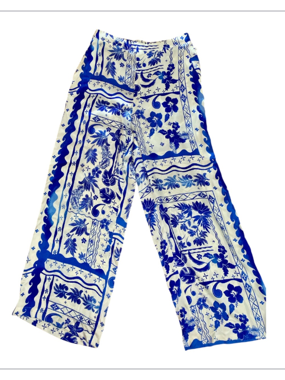 Joie 100% Silk Blue White Tropical Print Wide Leg Pants NWT Medium
